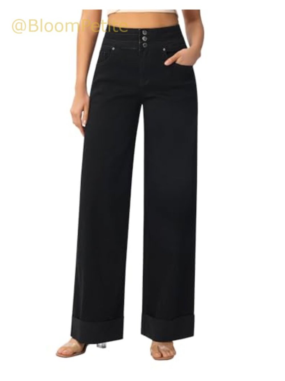 High Waisted Wide Leg Jeans with Cuffed Hem & Button Fly